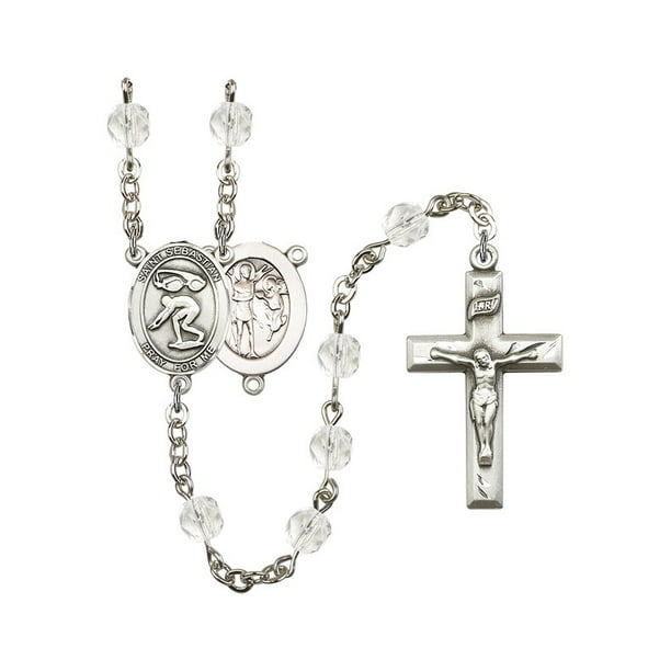 Silver Plate Rosary Bracelet features 6mm Sapphire Fire Polished beads Patron Saint POWs The charm features a St The Crucifix measures 5/8 x 1/4 Walter of Pontoise medal 